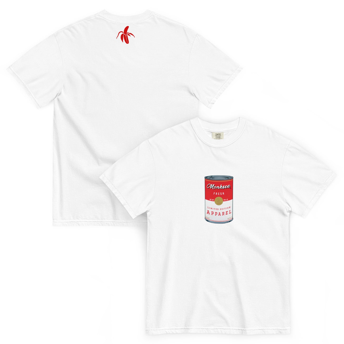 front and back images of white monksee soupy design garment dyed t-shirt laying flat on white background