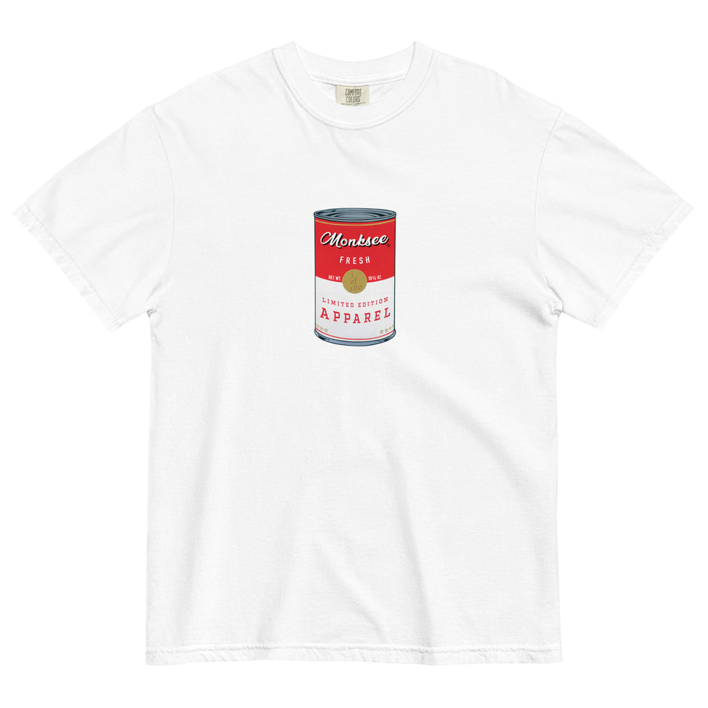 monksee soupy design white garment dyed t-shirt laying flat on white background