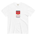 monksee soupy design white garment dyed t-shirt laying flat on white background