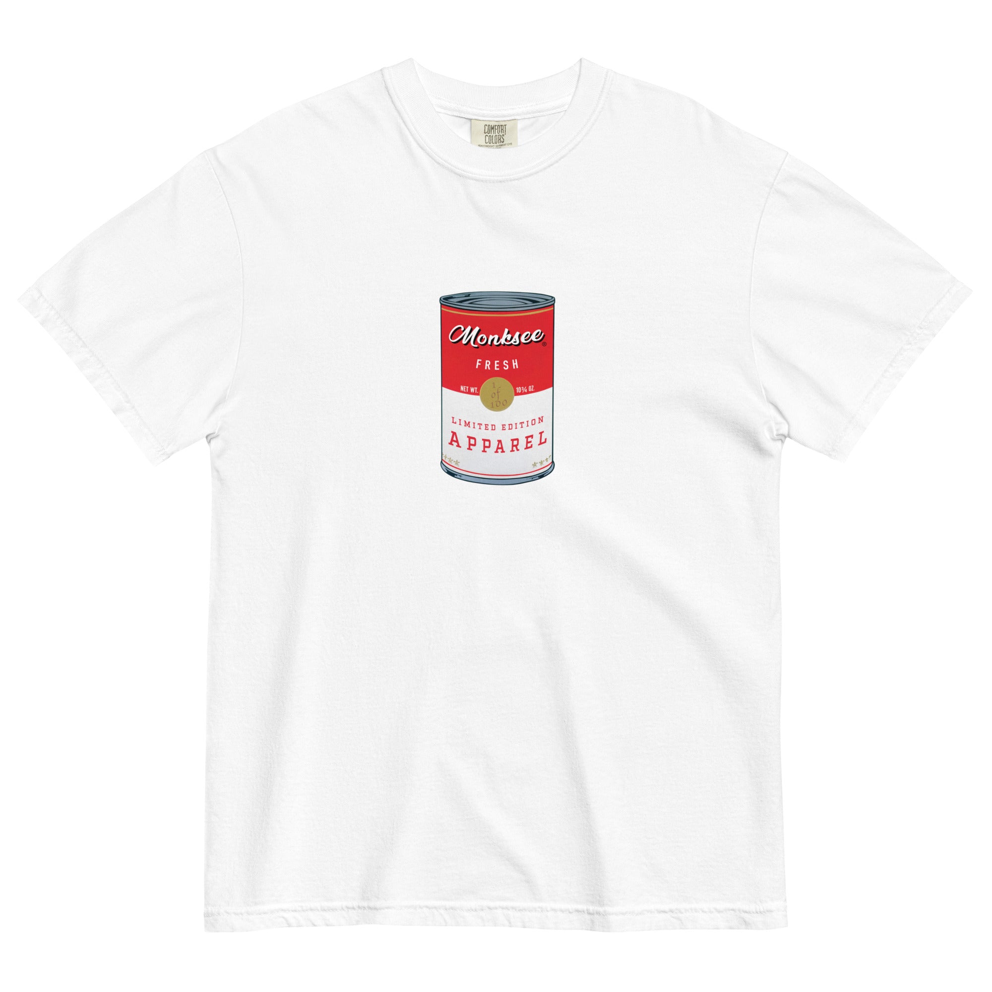 monksee soupy design white garment dyed t-shirt laying flat on white background