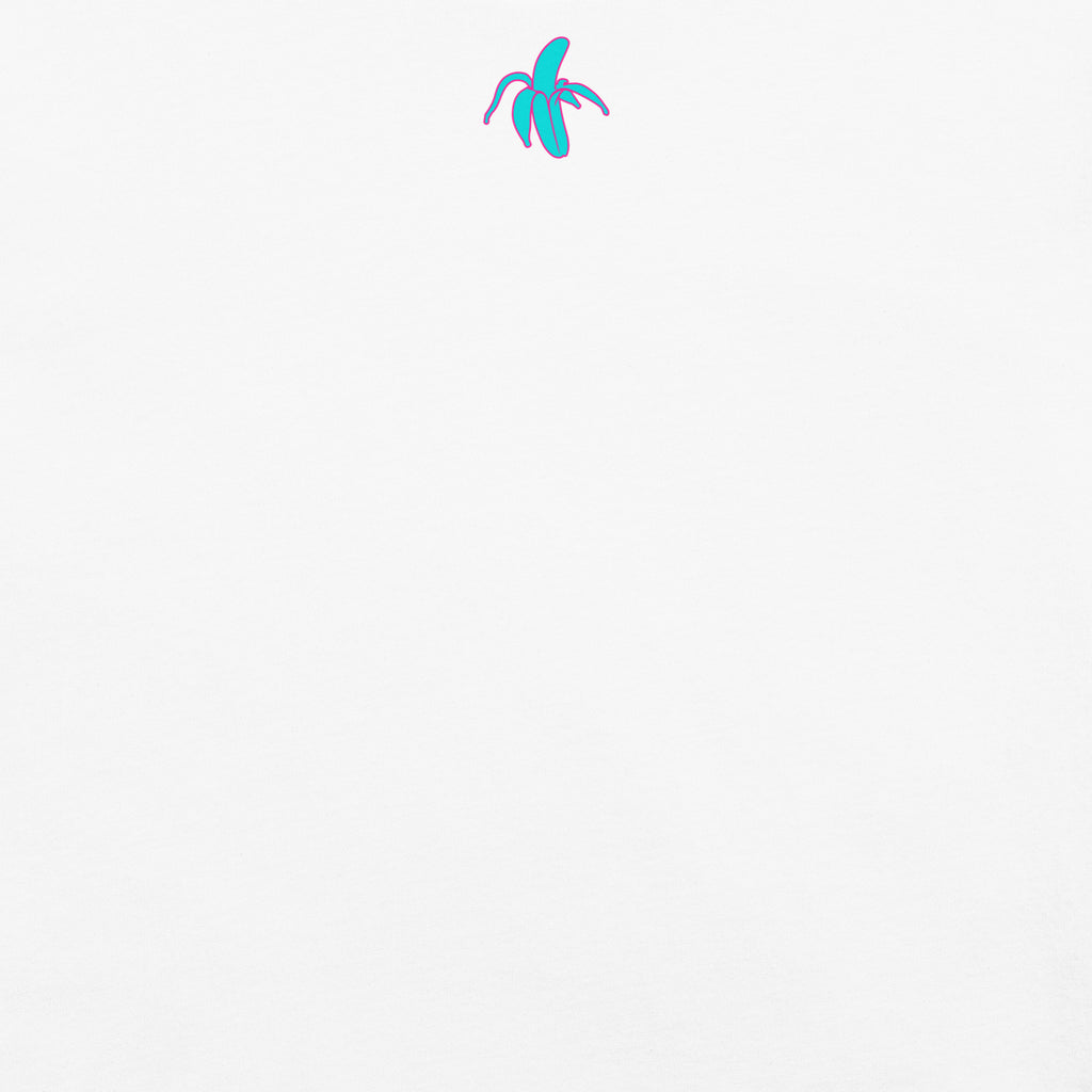 close up of back of tshirt label. Monksee banana in teal with pink outline