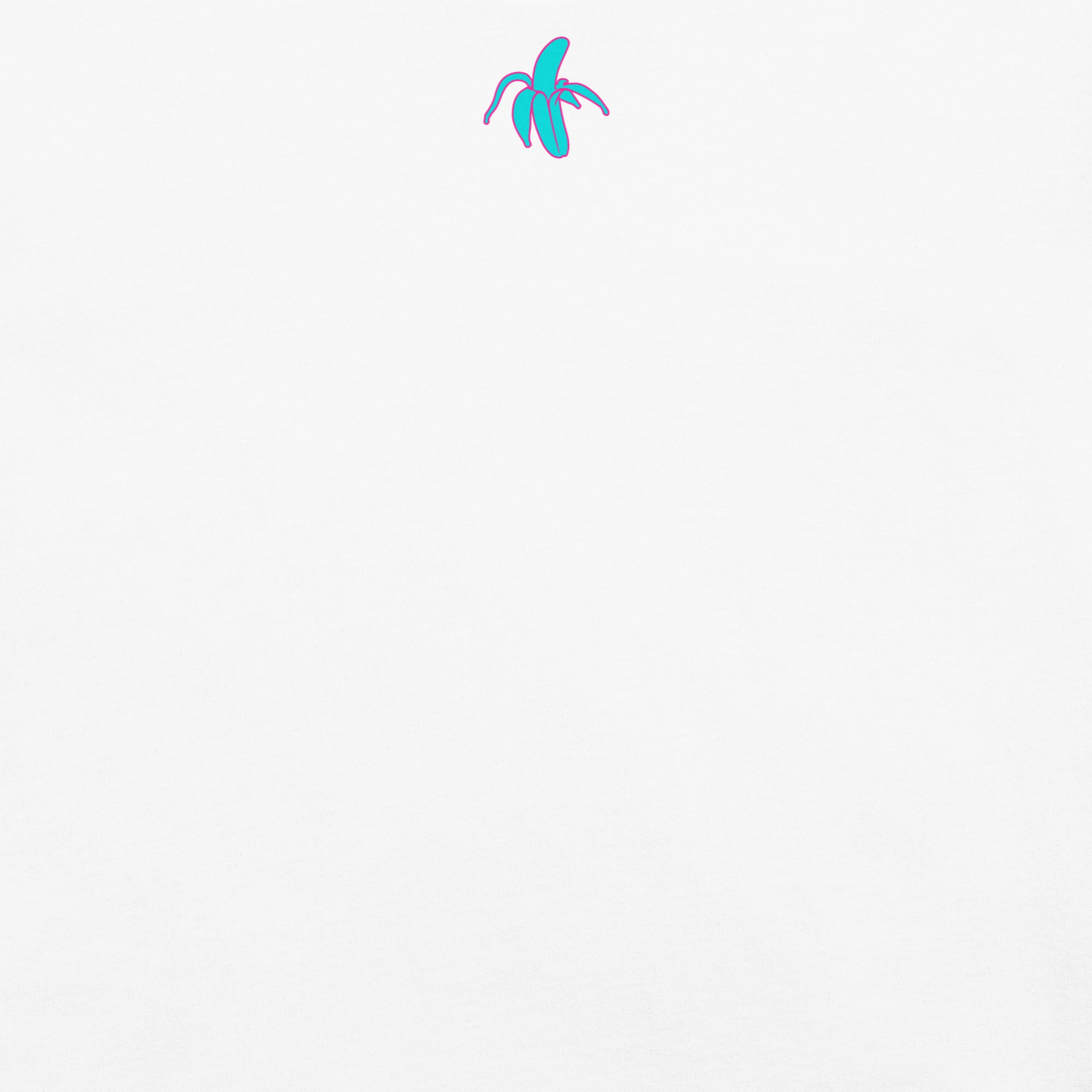 close up of back of tshirt label. Monksee banana in teal with pink outline