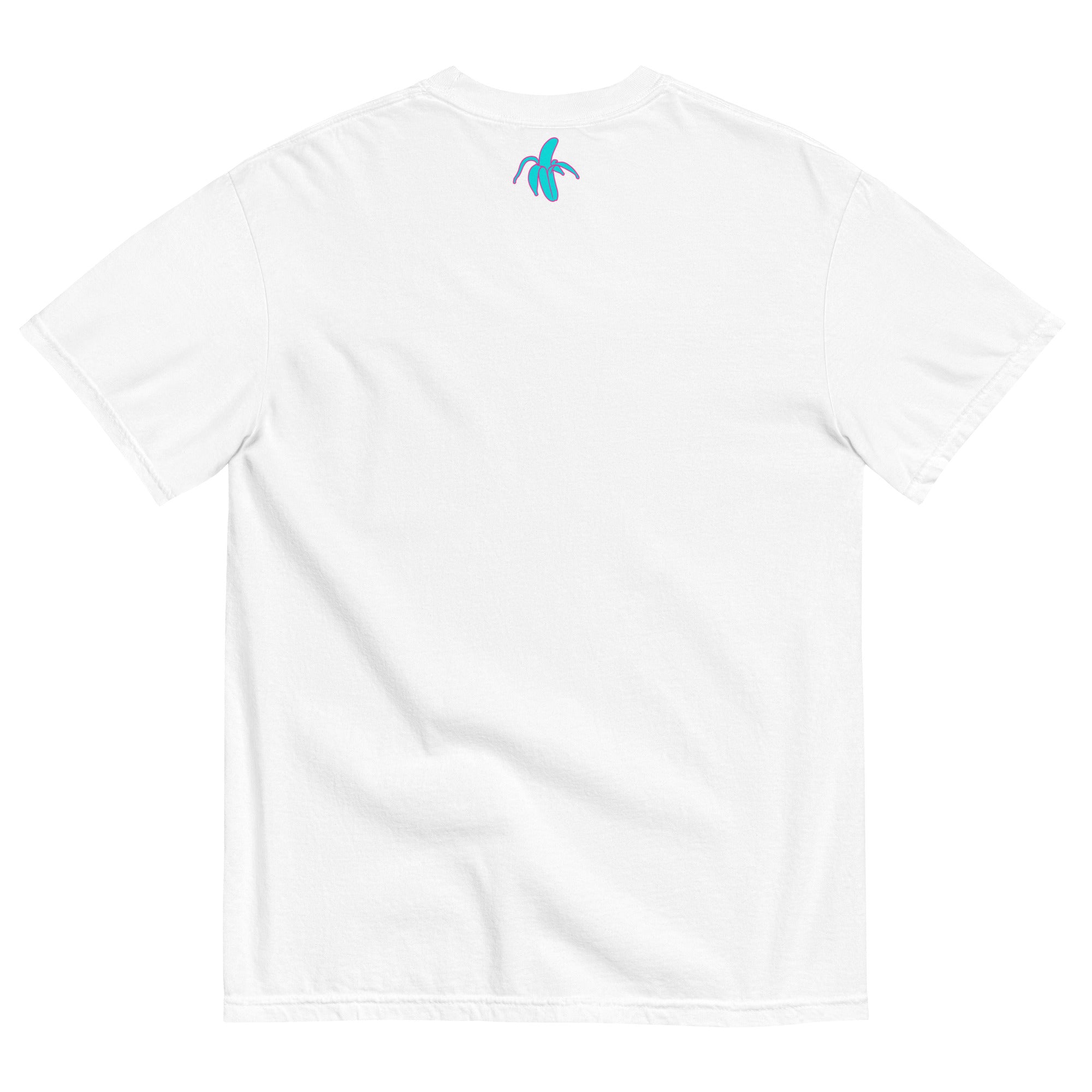 back of white monksee retro rewind tshirt with monksee banana logo on white background