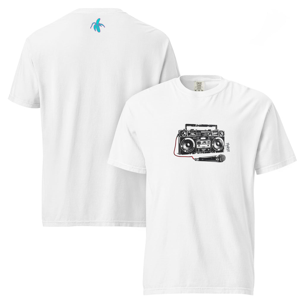 front and back images of the monksee retro reward tshirt laying flat on a white background. Front of t-shirt features limited edition monksee boombox design while the back has teal and pink monksee banana outside label