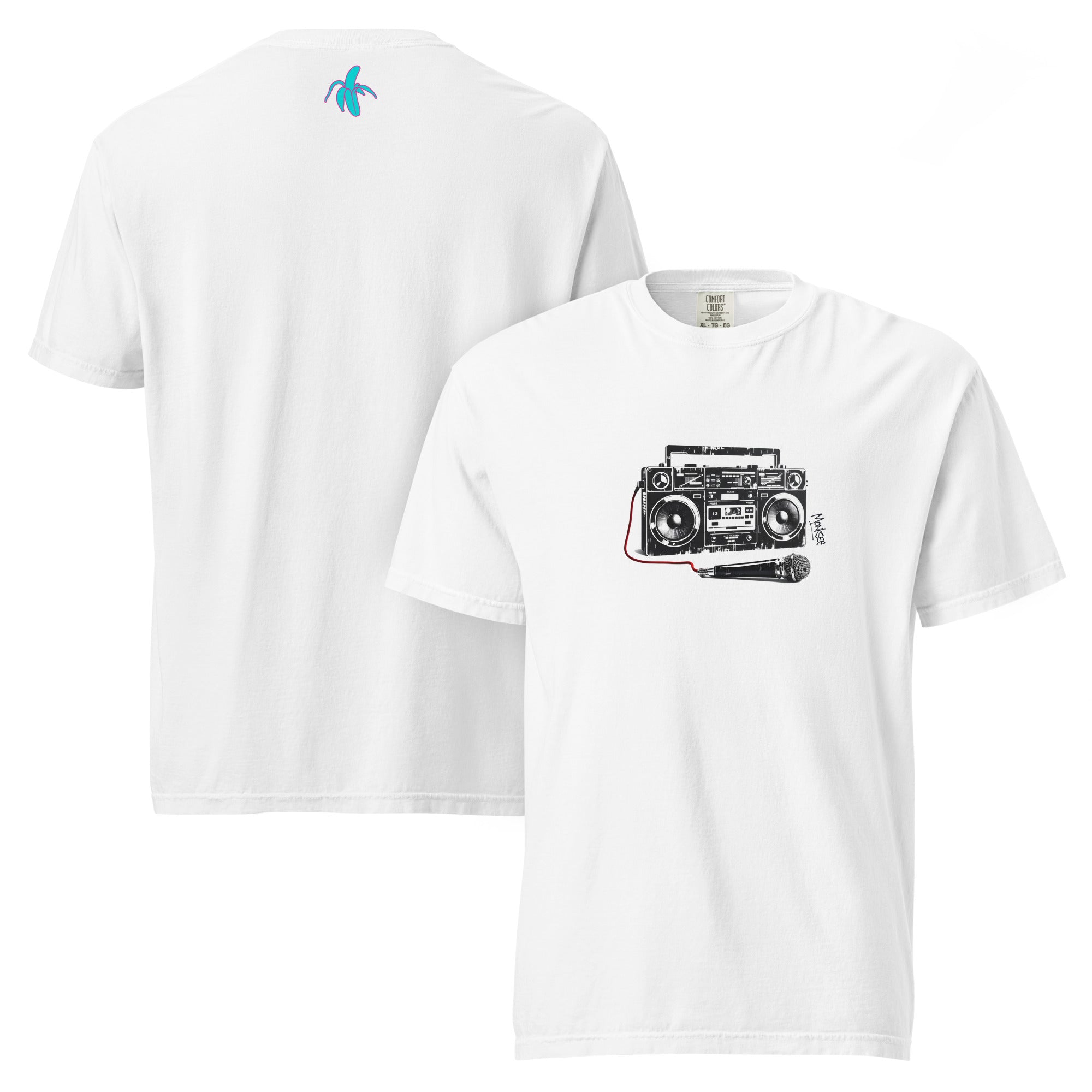 front and back images of the monksee retro reward tshirt laying flat on a white background. Front of t-shirt features limited edition monksee boombox design while the back has teal and pink monksee banana outside label