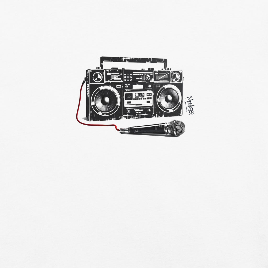 close up of the monksee retro rewind boombox design with Monksee graffiti tag on a white background