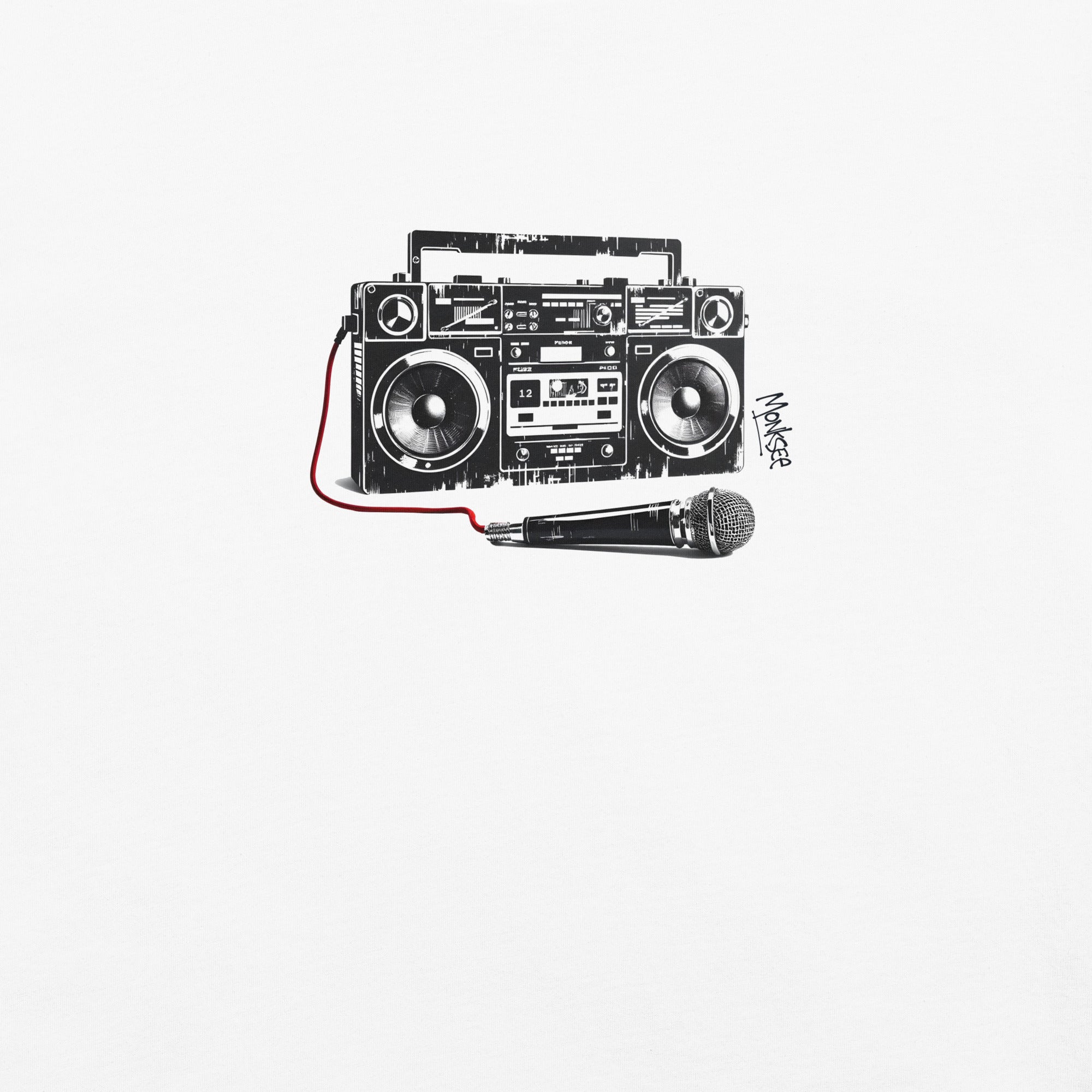 close up of the monksee retro rewind boombox design with Monksee graffiti tag on a white background