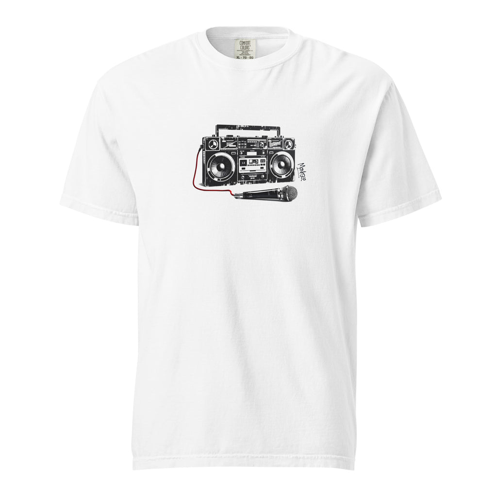 ghost style image of monksee retro rewind garment dyed white tshirt on white background. Features 80's boombox and microphone black on white