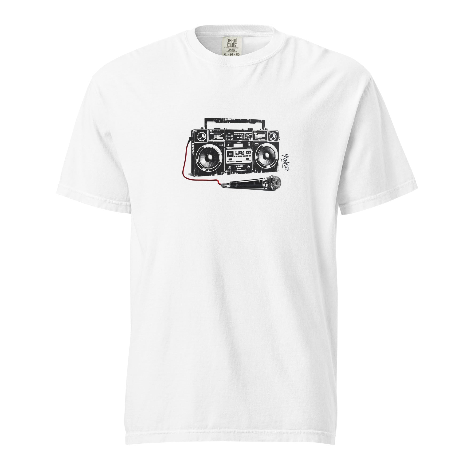 ghost style image of monksee retro rewind garment dyed white tshirt on white background. Features 80's boombox and microphone black on white