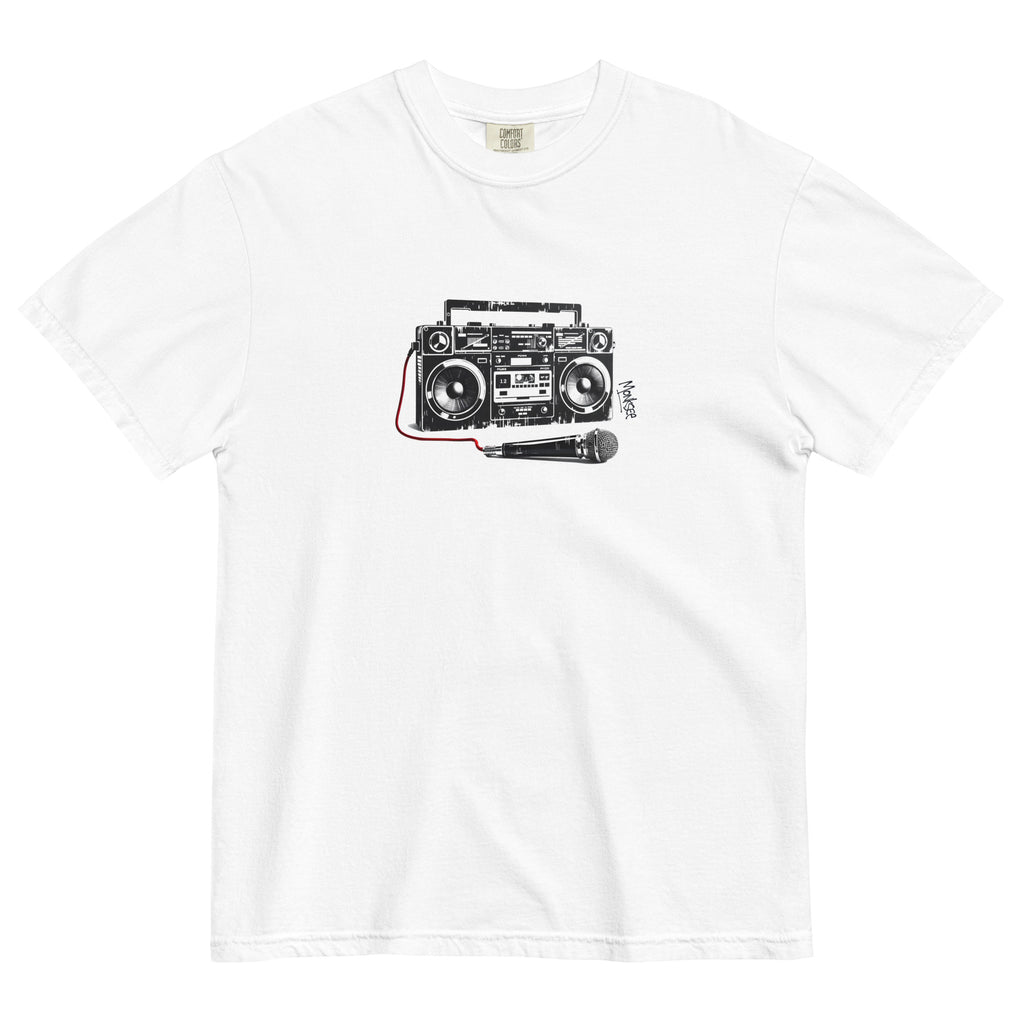 white monksee retro rewind garment dyed tshirt with 80's style boombox graffiti on the front. Flat on a white background