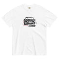 white monksee retro rewind garment dyed tshirt with 80's style boombox graffiti on the front. Flat on a white background