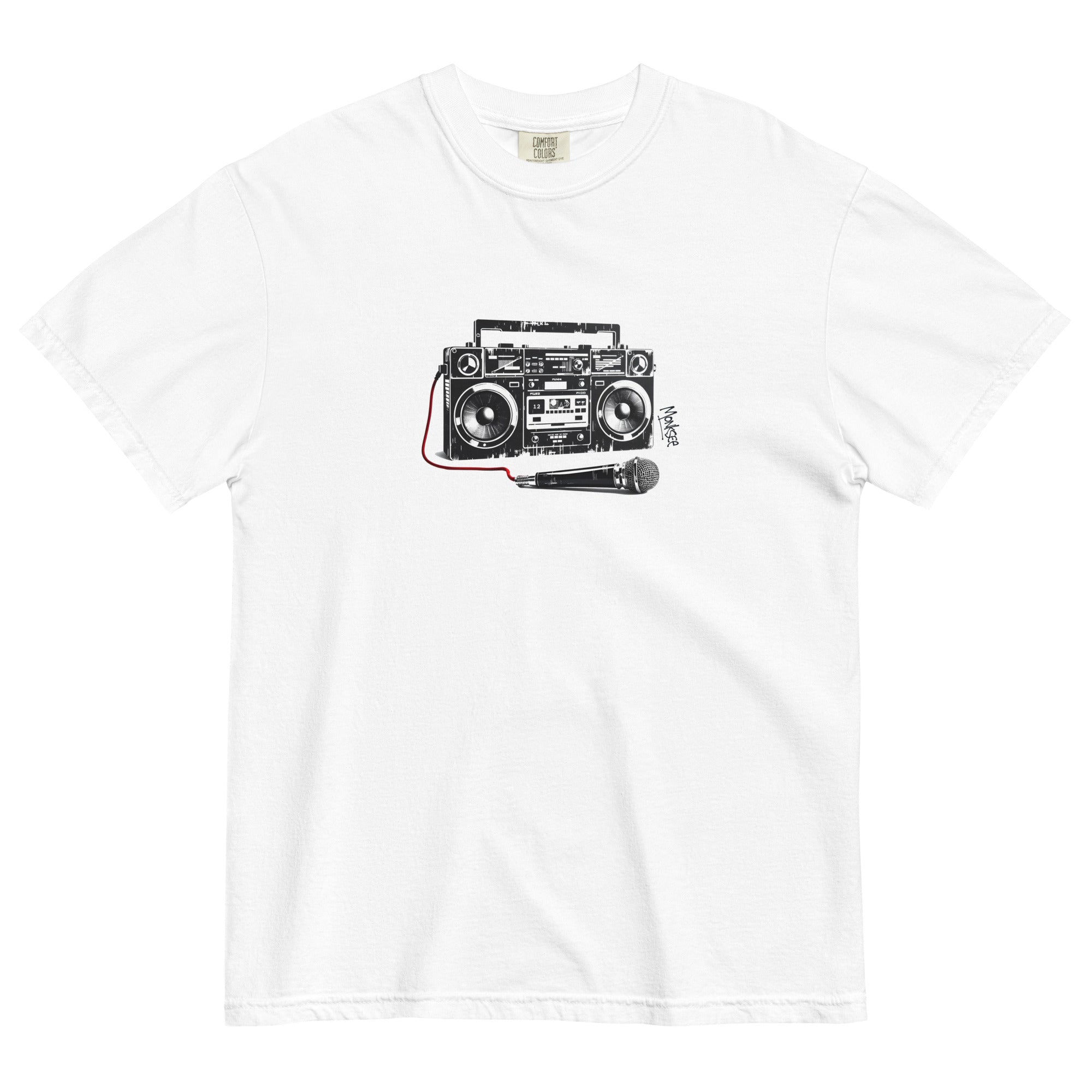 white monksee retro rewind garment dyed tshirt with 80's style boombox graffiti on the front. Flat on a white background