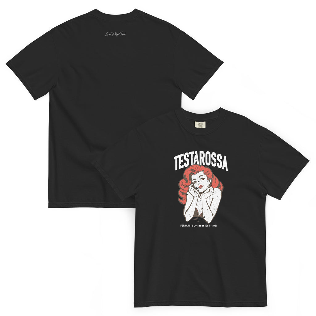 Monksee Testarossa garment-dyed t-shirt in black, front and back view