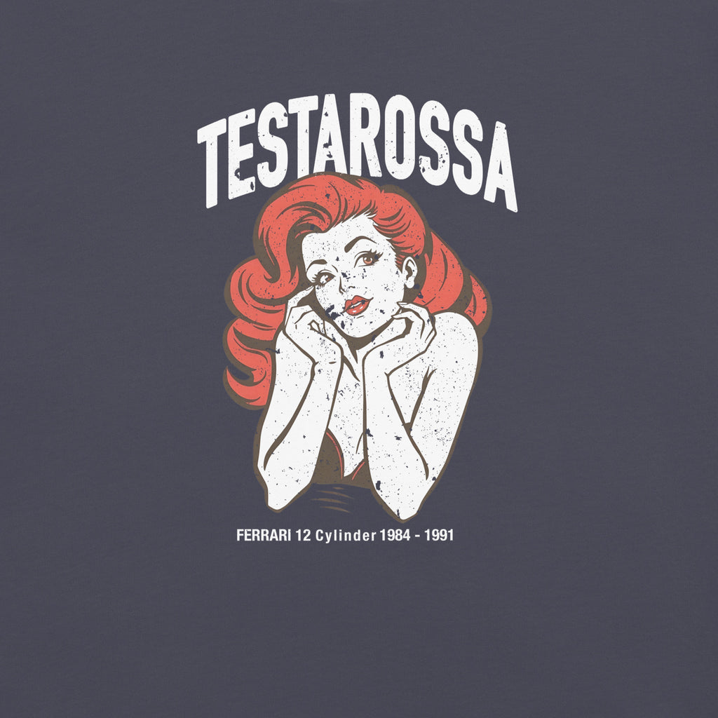 Monksee Testarossa garment-dyed t-shirt in navy, close-up of the Testarossa pin-up graphic and FERRARI 12 Cylinder 1984 - 1991 print