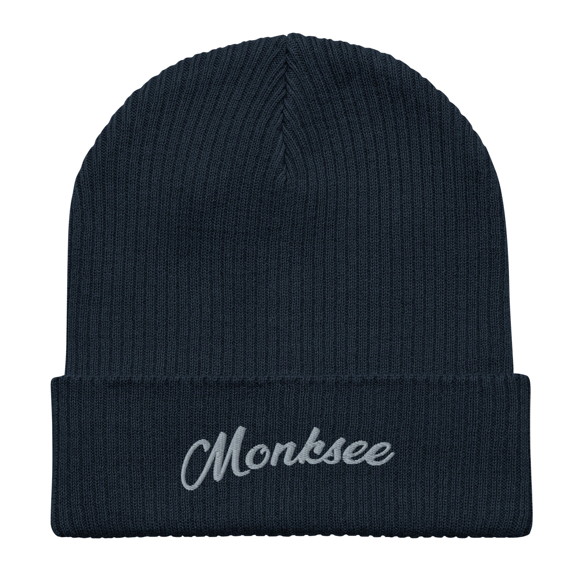 Navy Organic ribbed beanie by Monksee.