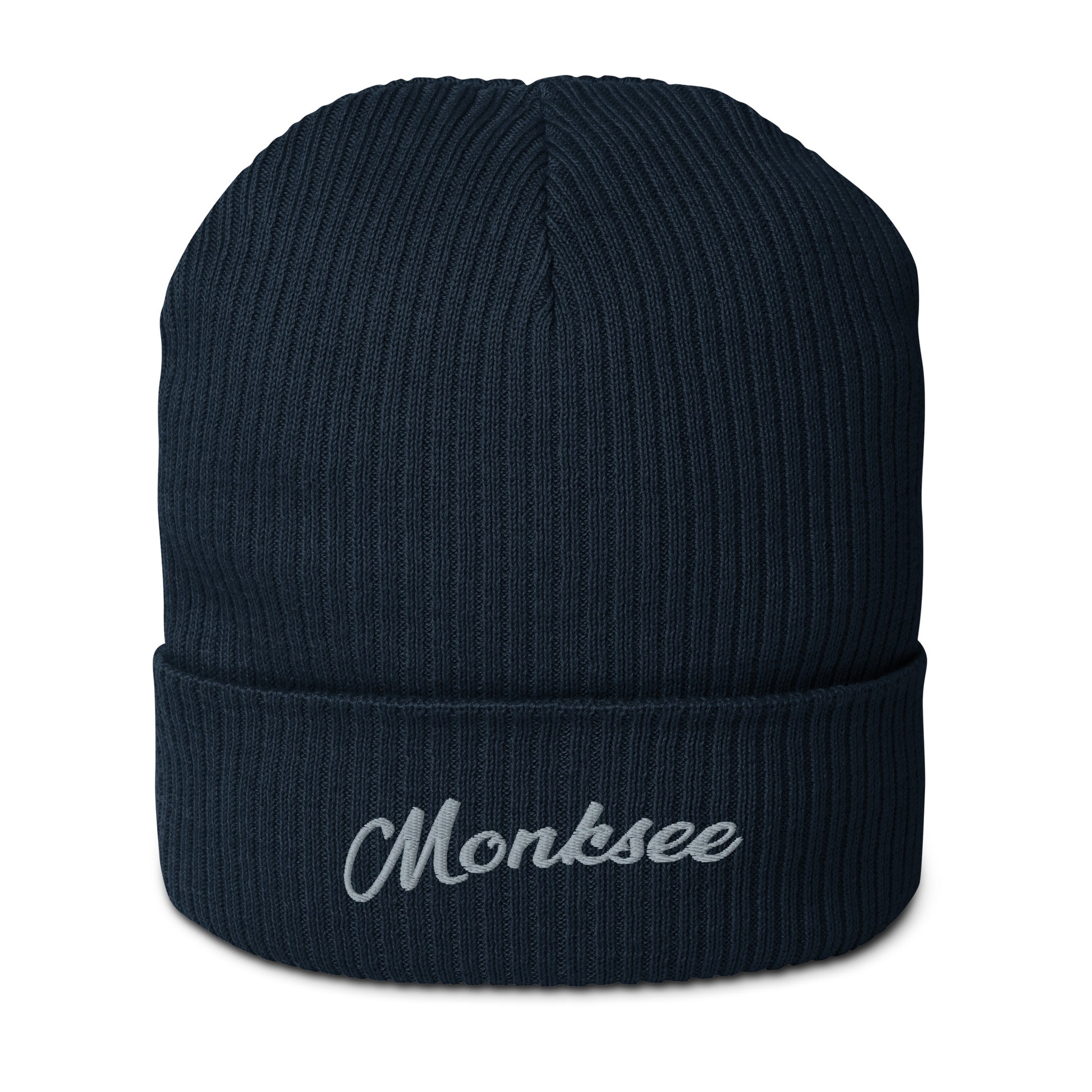 Navy Organic ribbed beanie by Monksee.