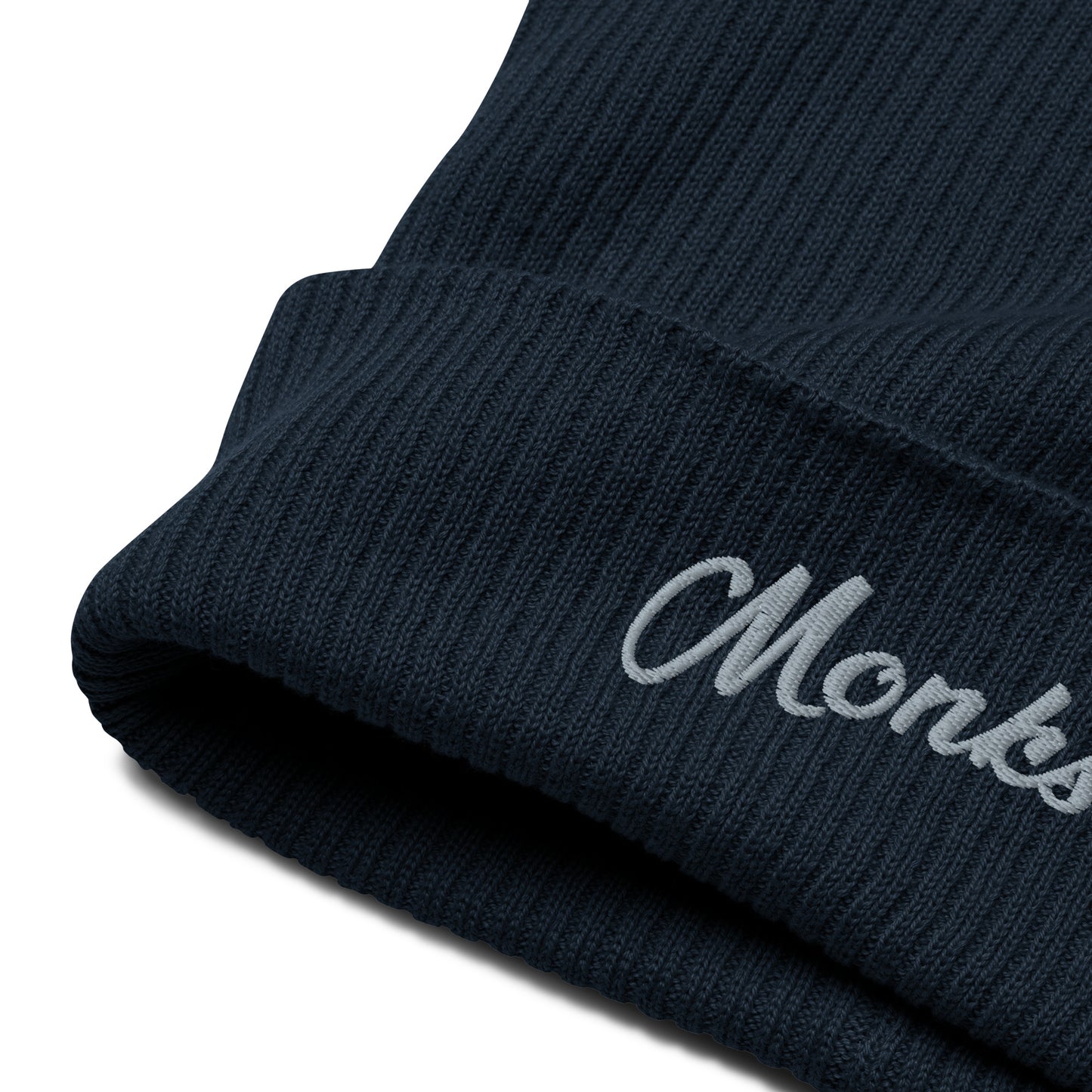 Navy Organic ribbed beanie by Monksee.
