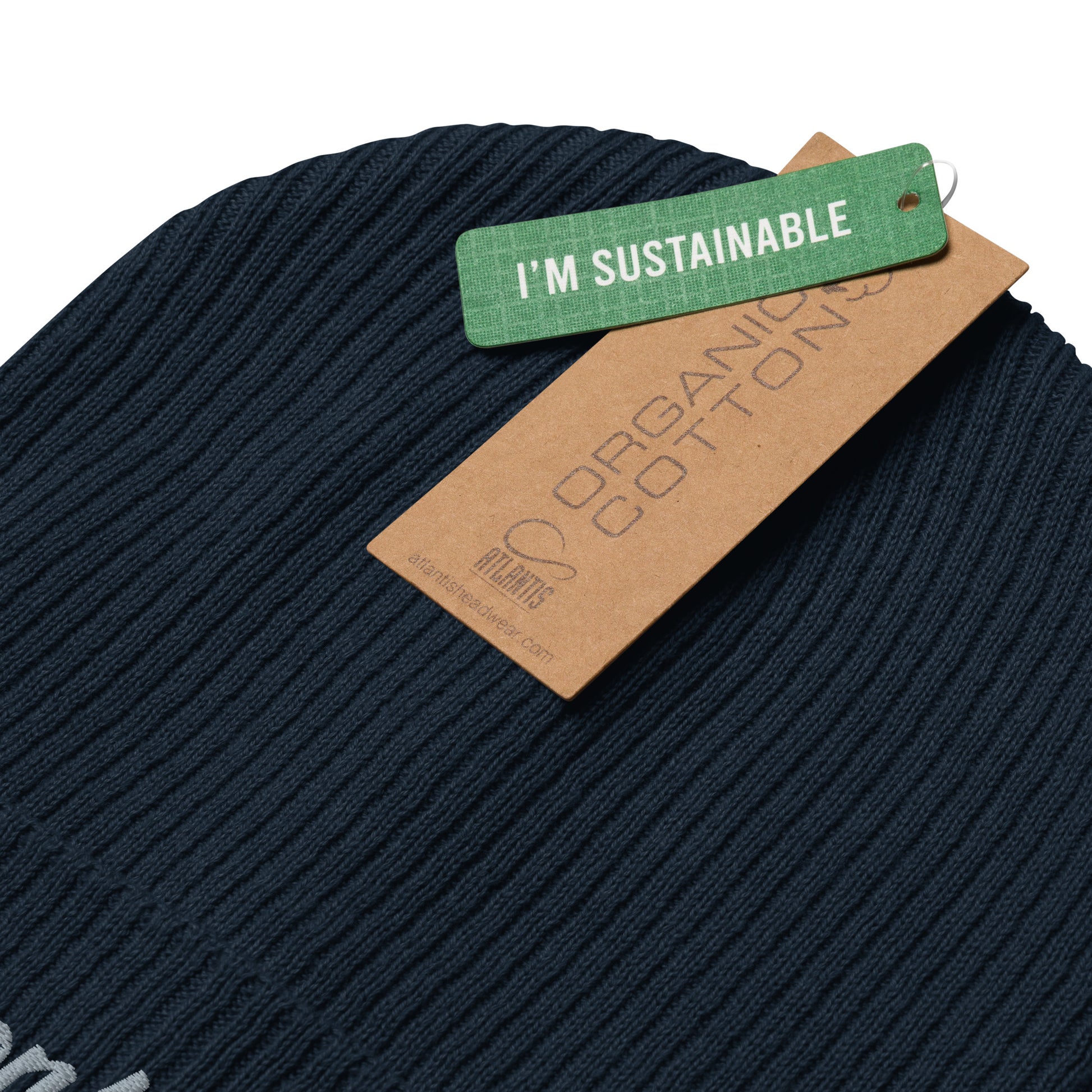 Navy Organic ribbed beanie by Monksee.