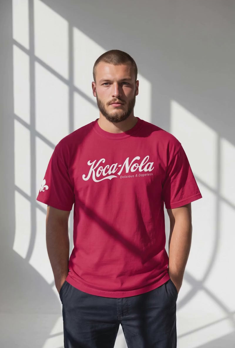 Video of guy wearing Koca-Nola red garment dyed tee