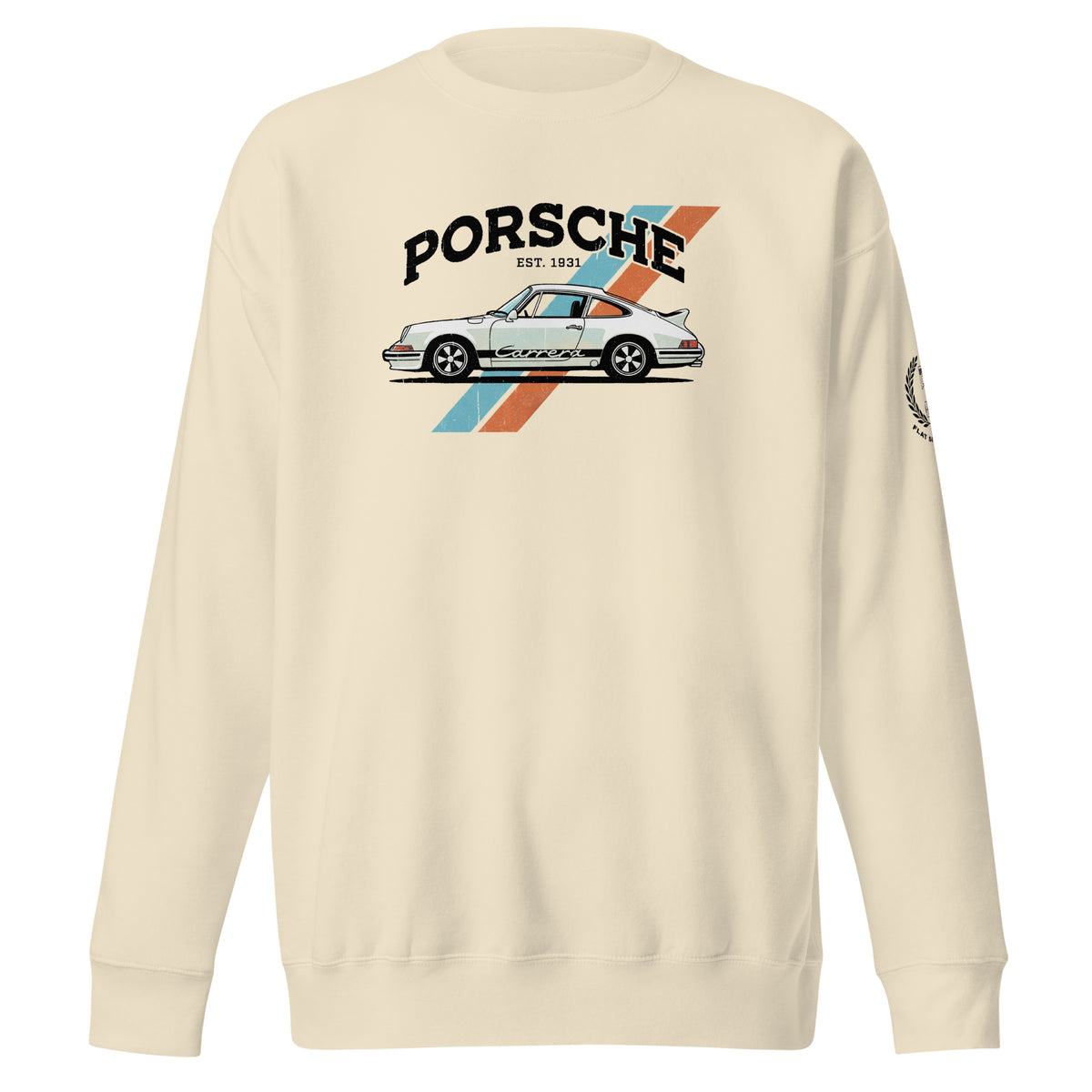 Monksee Flat Six bone crewneck sweatshirt, front, vintage white Porsche 911 Carrera with blue and orange stripes