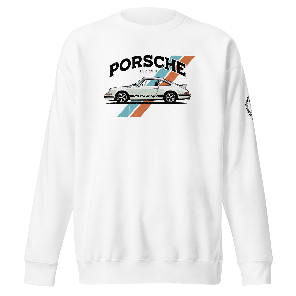 Monksee Flat Six white crewneck sweatshirt, front, vintage Porsche 911 Carrera 'PORSCHE EST. 1931' racing stripes