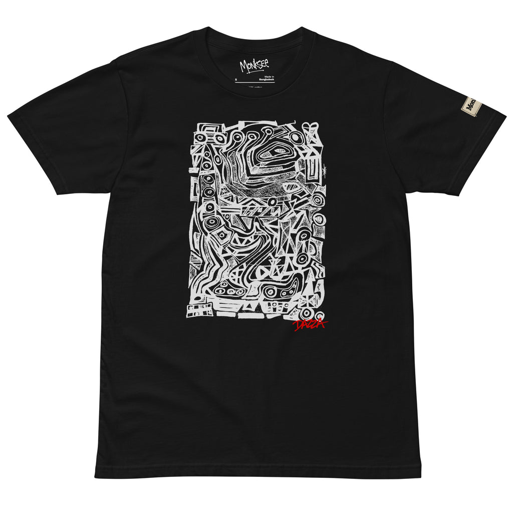 A black short-sleeve crewneck t-shirt featuring a large white abstract graphic print on the front, with a small red 'Dazza' logo at the bottom right of the graphic. The brand 'Monksee' is visible on the inner neck label and a small sleeve tag.