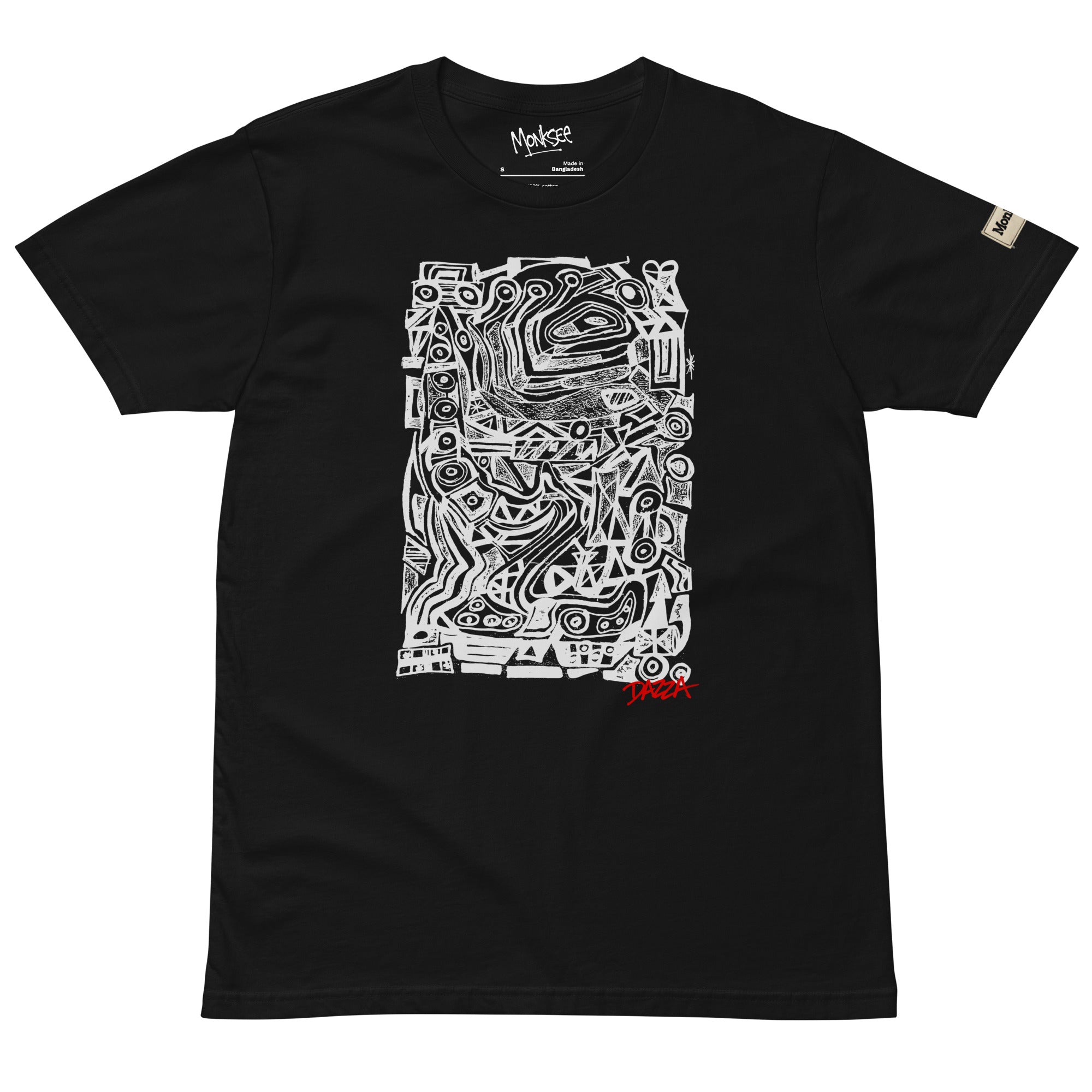 A black short-sleeve crewneck t-shirt featuring a large white abstract graphic print on the front, with a small red 'Dazza' logo at the bottom right of the graphic. The brand 'Monksee' is visible on the inner neck label and a small sleeve tag.