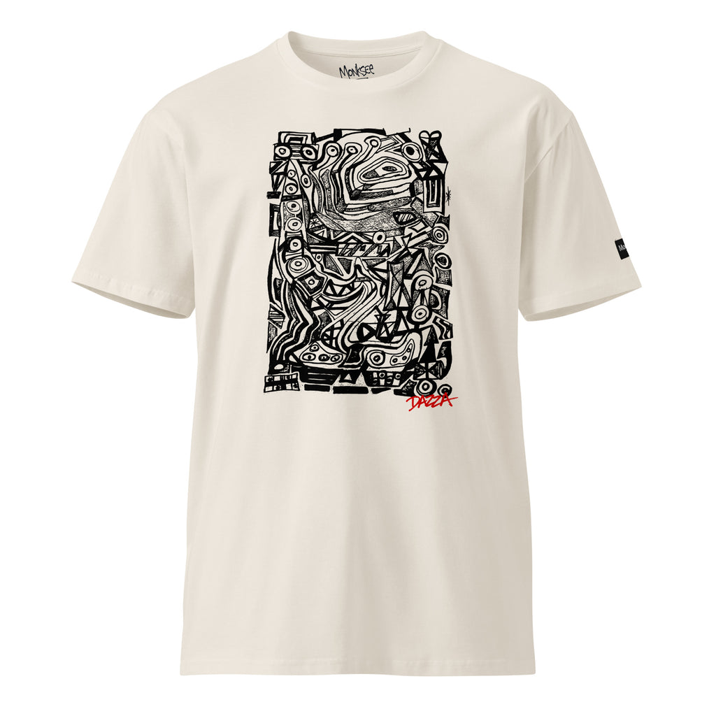 An bone colored crewneck t-shirt featuring a large black abstract graphic print on the front with a small red 'Dazza' logo underneath, shown against a plain white background.