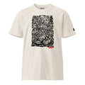 An bone colored crewneck t-shirt featuring a large black abstract graphic print on the front with a small red 'Dazza' logo underneath, shown against a plain white background.