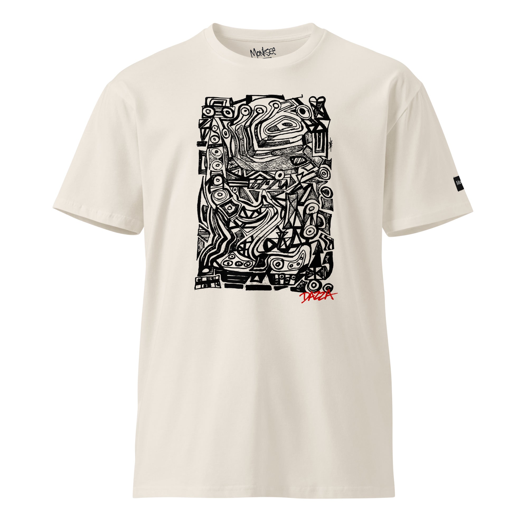 An bone colored crewneck t-shirt featuring a large black abstract graphic print on the front with a small red 'Dazza' logo underneath, shown against a plain white background.