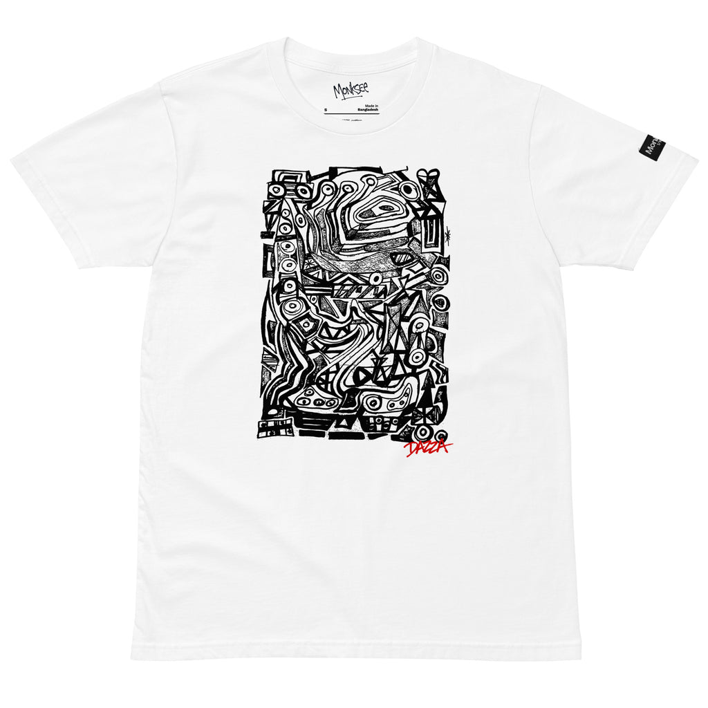 A white short-sleeve crewneck t-shirt featuring a large black abstract graphic print on the front, with a small red 'Dazza' logo at the bottom of the graphic. The inner collar shows the brand name 'Monksee'.